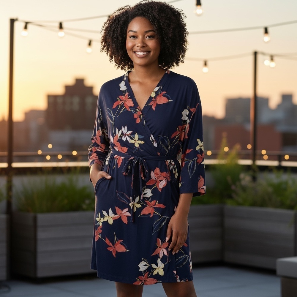Soma Navy Floral Jersey Kimono Robe with Tie